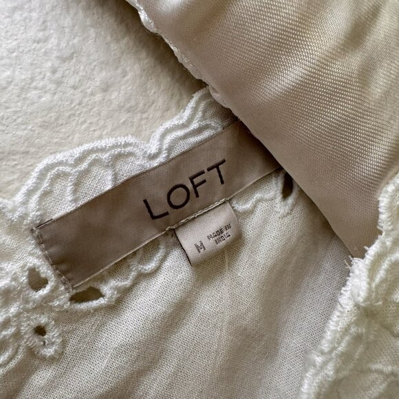 LOFT Blouse White Embroidered Eyelet Short Sleeve Size Medium Linen - Picture 10 of 14